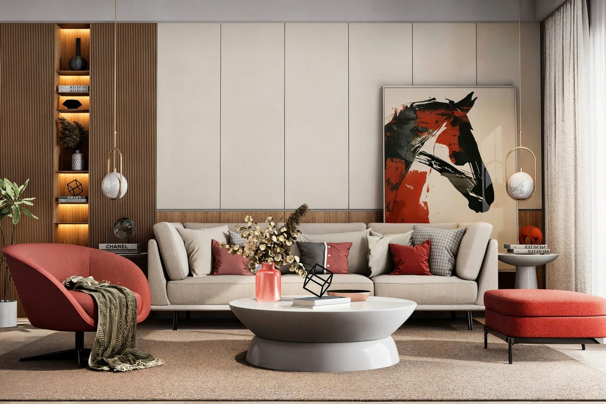 A styled villa interior with considered art, layered textures, and the calm composition of a magazine shoot.