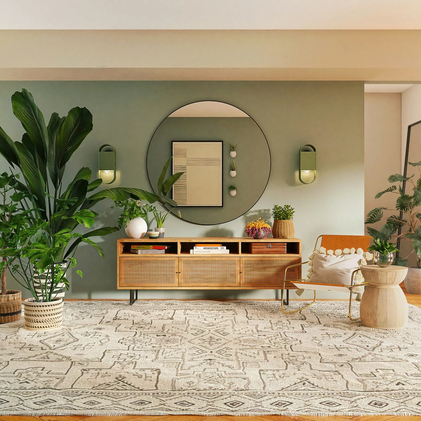A pampas-grass and rattan-mirror Mediterranean living room, calm morning light.